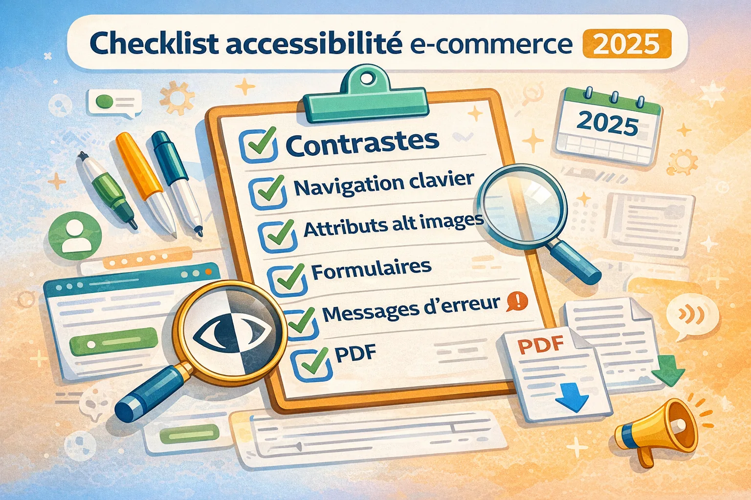Checklist visuelle accessibilité e-commerce avec contrastes, navigation clavier, formulaires, messages d’erreur et PDF