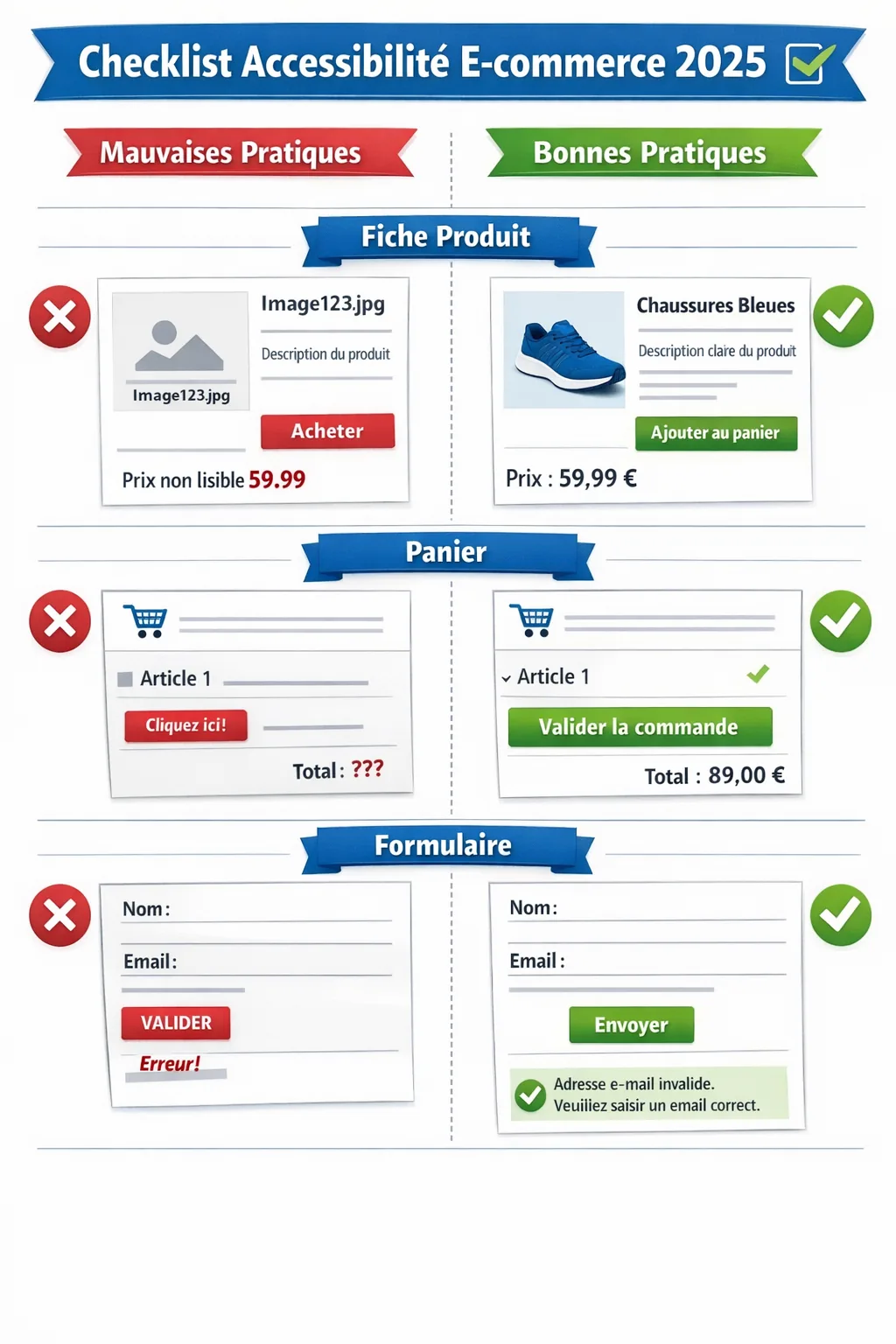 Comparaison mauvaise pratique et bonne pratique sur fiche produit, panier et formulaire e-commerce