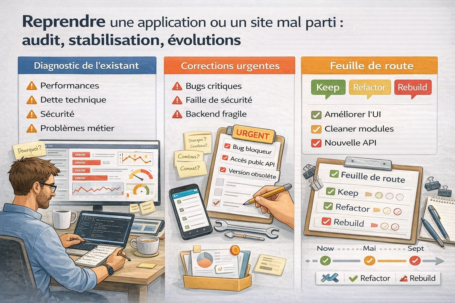Audit de reprise avec diagnostic de l’existant, corrections urgentes et feuille de route keep refactor rebuild