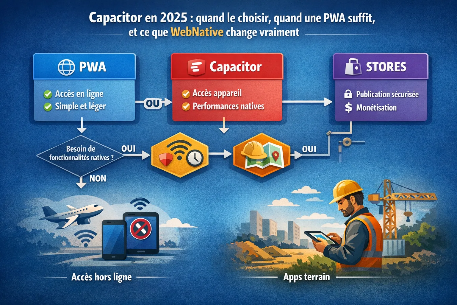 Choix entre PWA et Capacitor selon stores, accès appareil, hors ligne et usage terrain