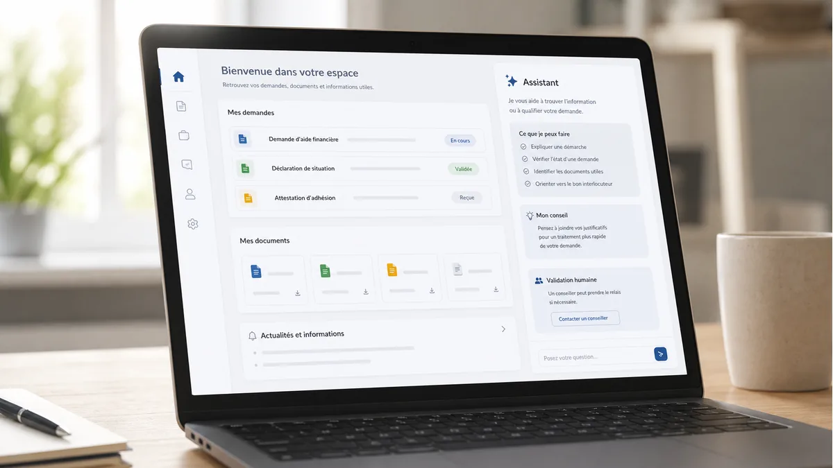 Espace client avec assistant IA discret pour guider les demandes et retrouver les informations utiles