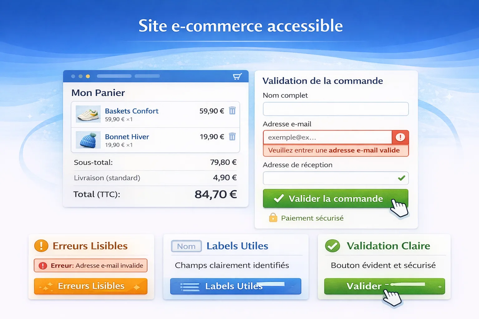 Panier et checkout accessibles avec labels clairs, erreurs visibles et validation lisible