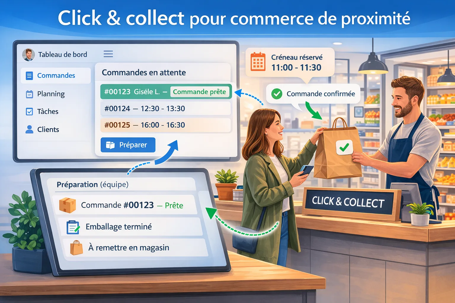 Click & collect pour commerce de proximité avec préparation de commande, créneau et retrait
