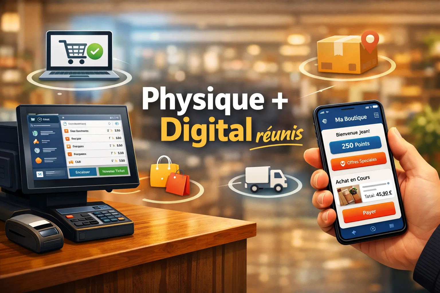 Commerce connecté avec click and collect, commande et fidélité