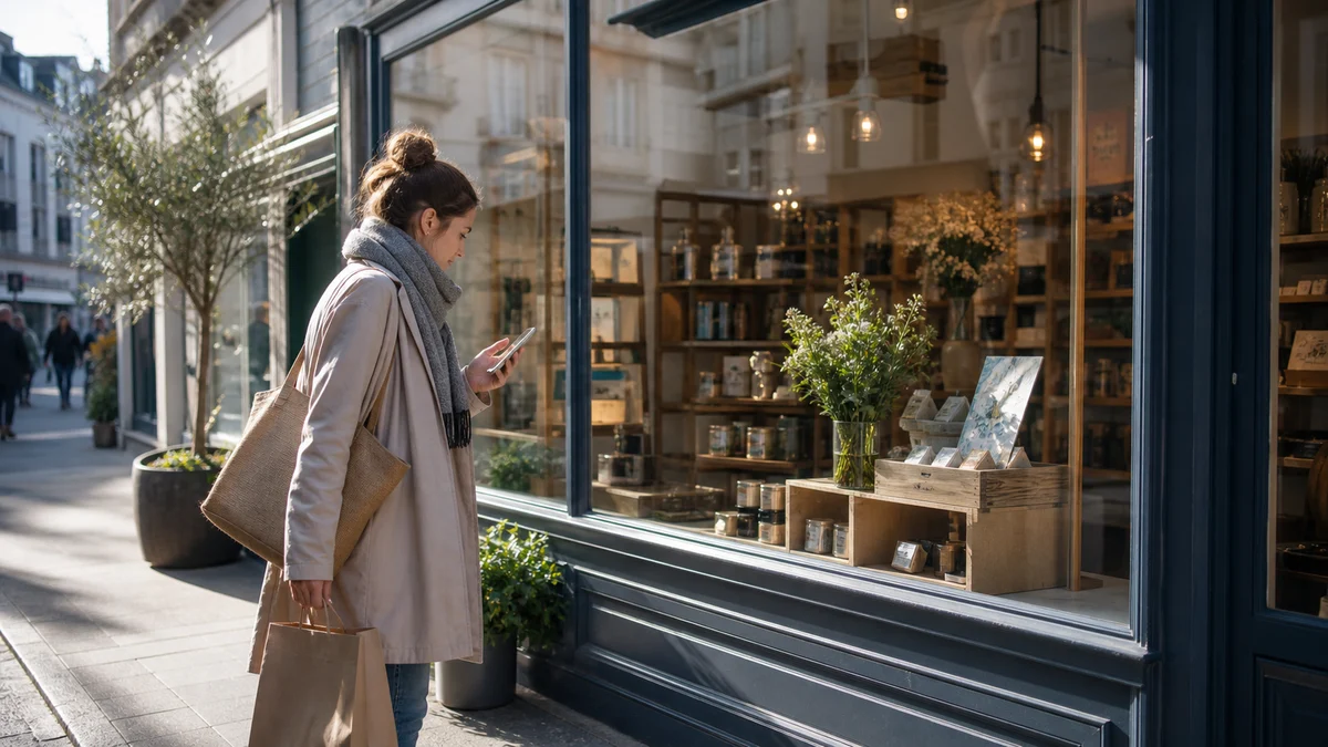 Cliente devant une boutique locale consultant son téléphone avant d’entrer dans le magasin