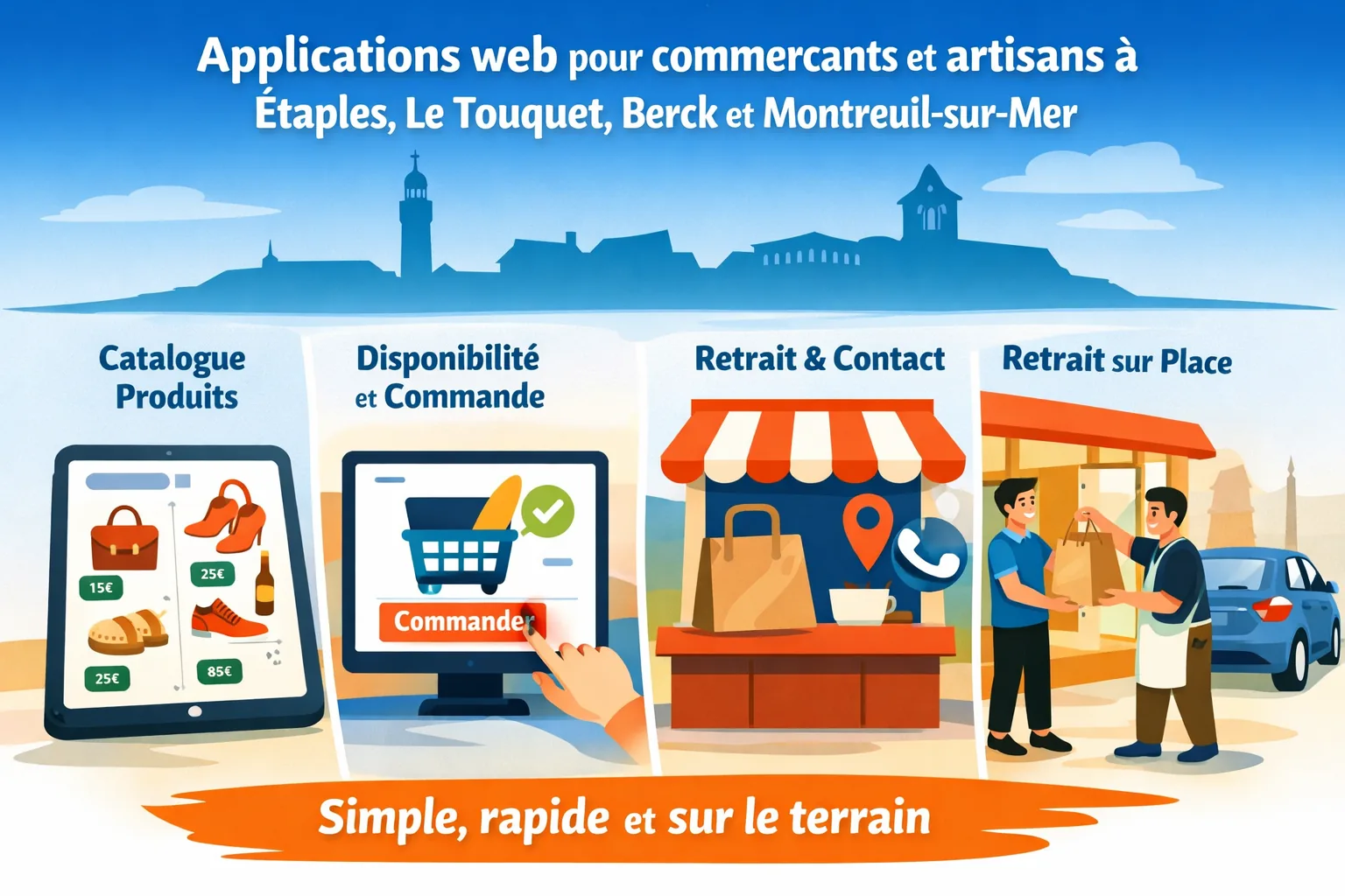 Commerce local avec catalogue lisible, disponibilite produit, commande simple et retrait