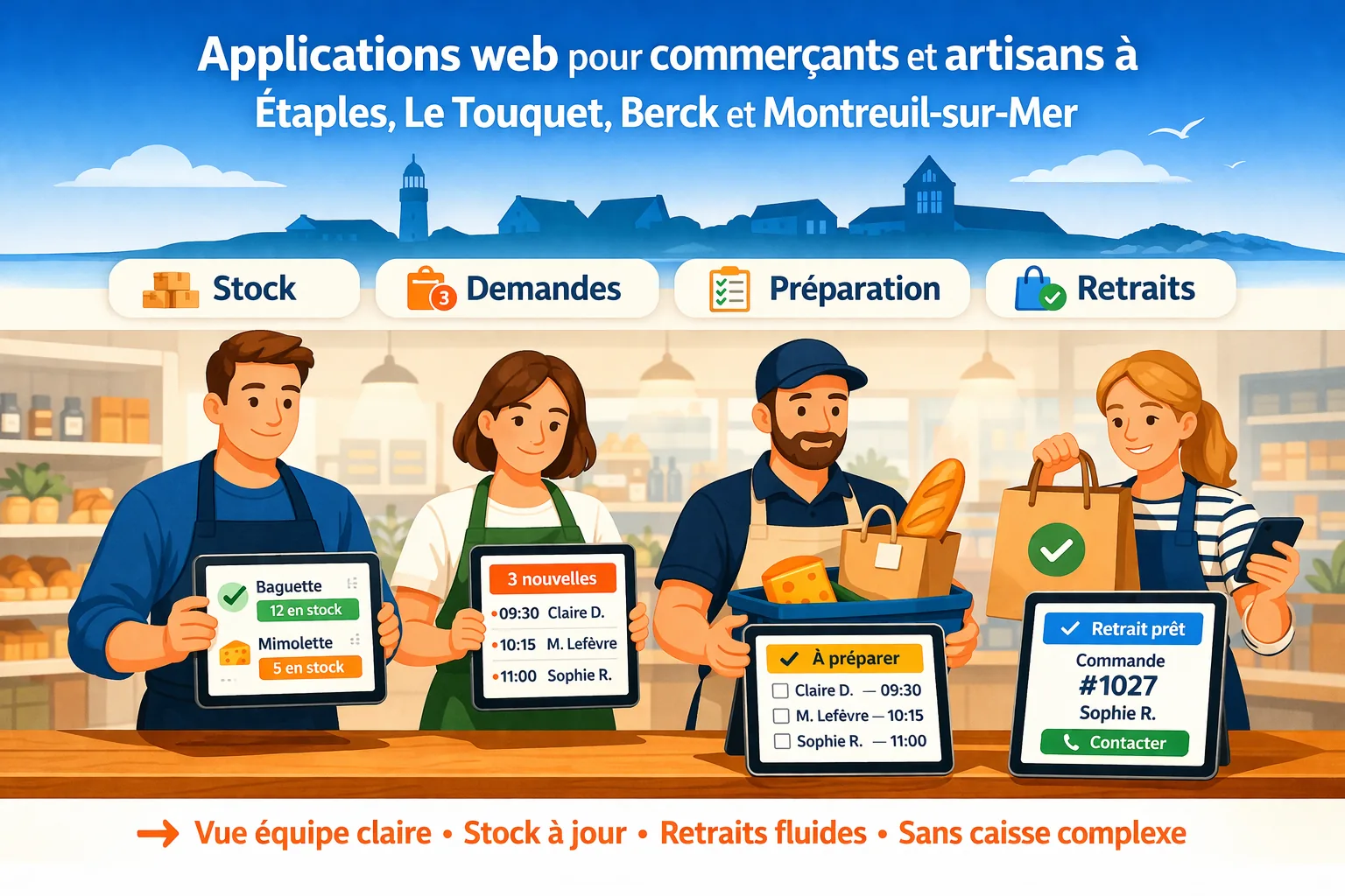 Outil equipe pour commerce local avec stock, demandes, preparation et retraits