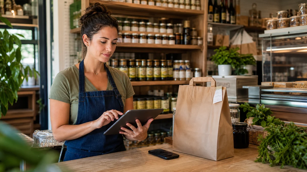 Commerçante préparant une demande client sur tablette derrière le comptoir d’une boutique