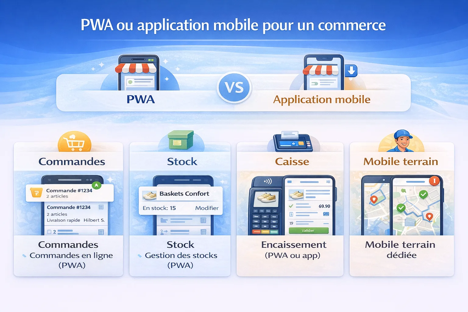 Comparatif PWA et application mobile pour commerce connecté, stock et commande