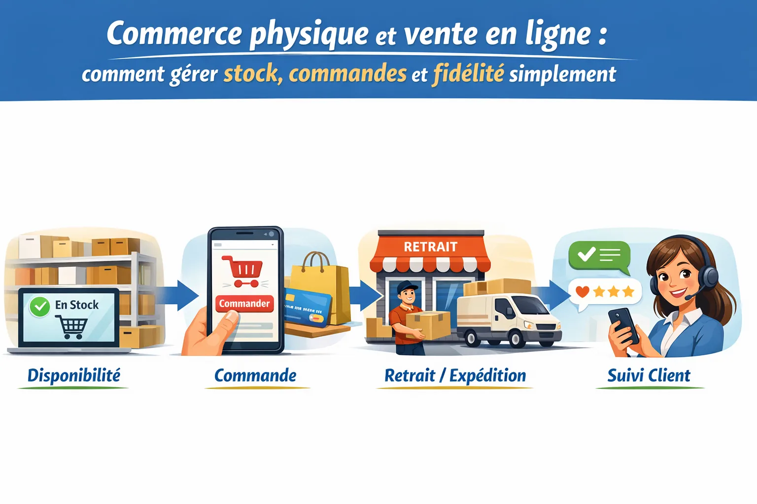 Parcours commerce physique et vente en ligne avec disponibilité, commande, retrait ou expédition et suivi client