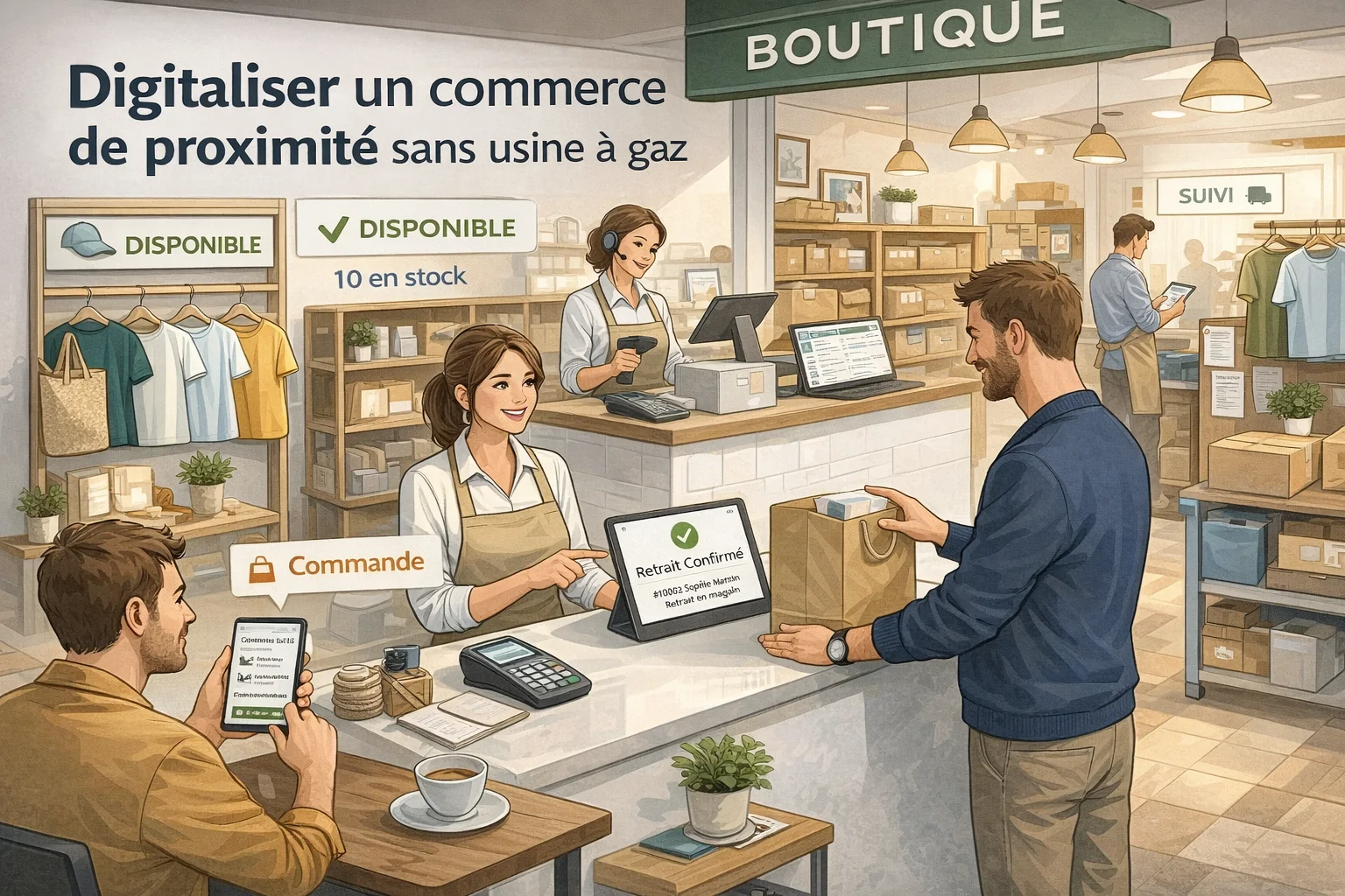 Commerce local digitalisé avec disponibilite, commande simple, retrait et suivi cote equipe