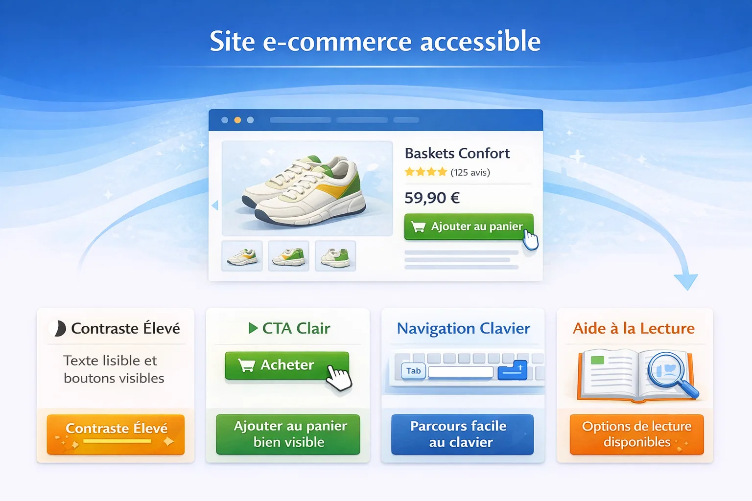 Site e-commerce avec parcours accessible, commande, paiement et informations lisibles