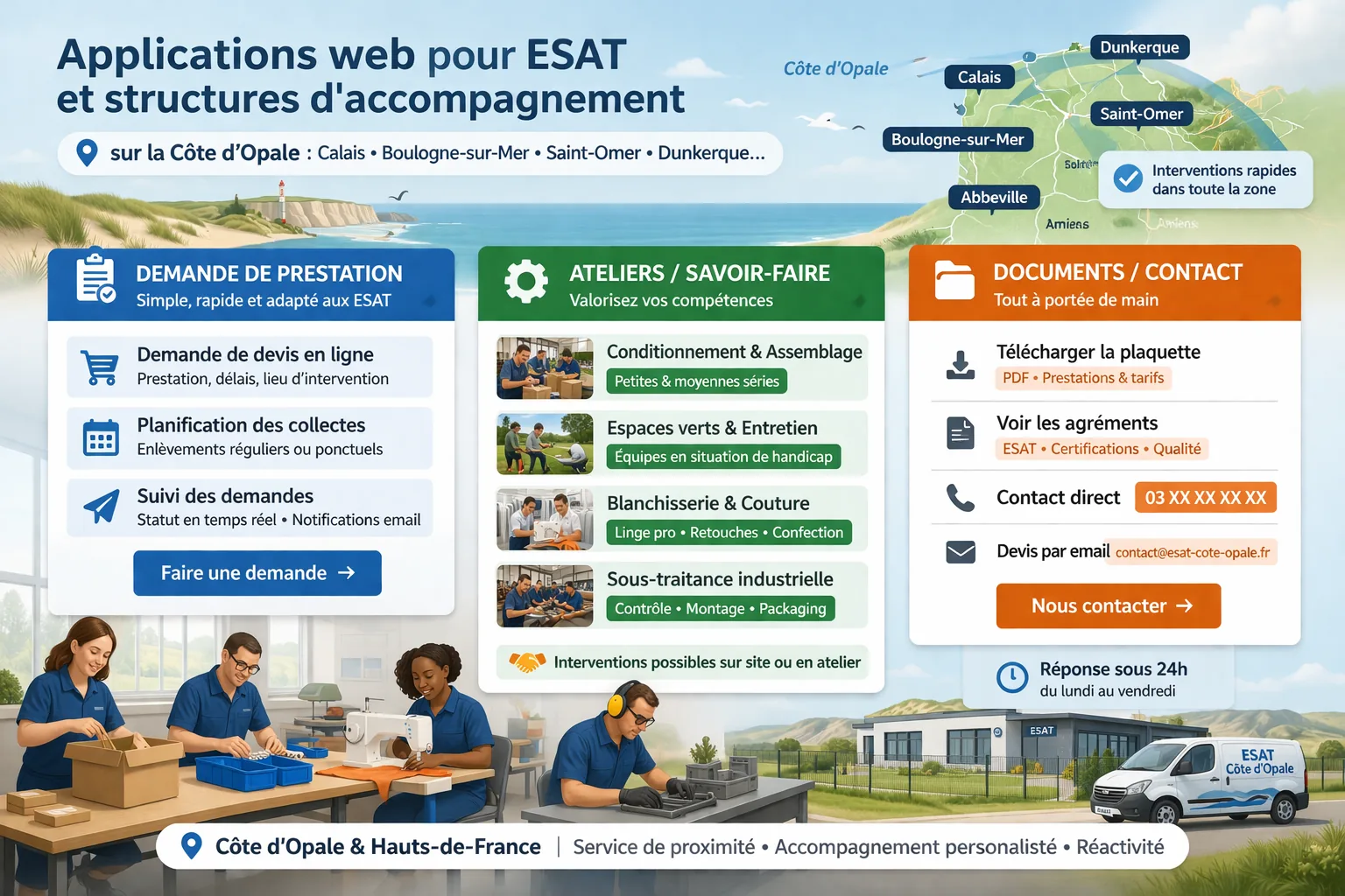 Presentation ESAT avec demande de prestation, ateliers, savoir-faire et documents dans une interface lisible