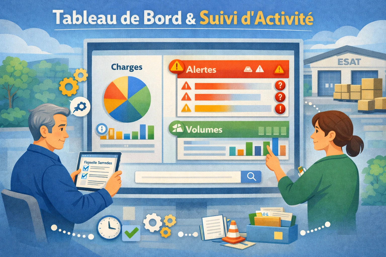 Tableau de bord ESAT avec indicateurs de charge, demandes en attente et points de vigilance