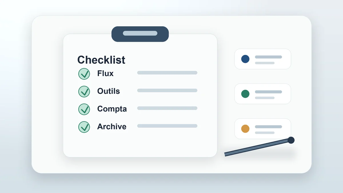 Checklist de préparation avec documents, cases validées et cadrage simple des flux de facturation