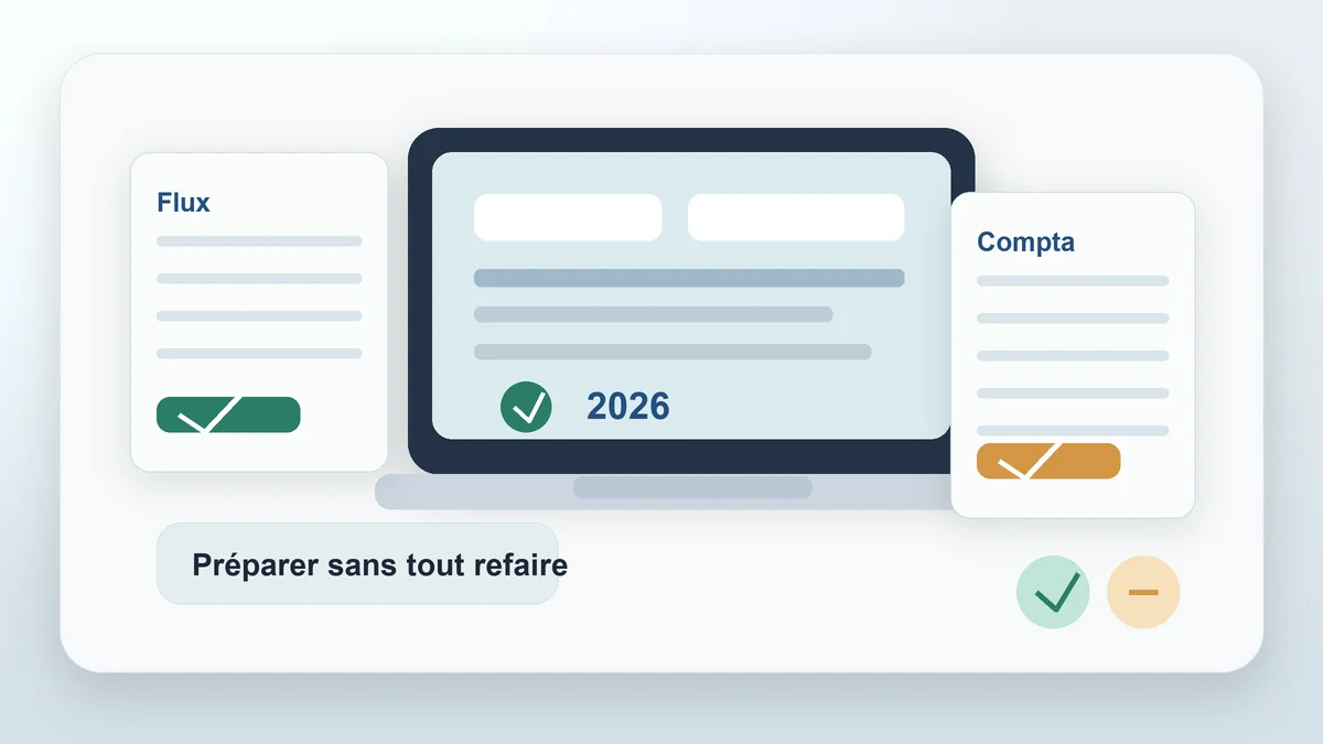 Bureau sobre avec ordinateur, documents de facturation et organisation simple pour préparer 2026
