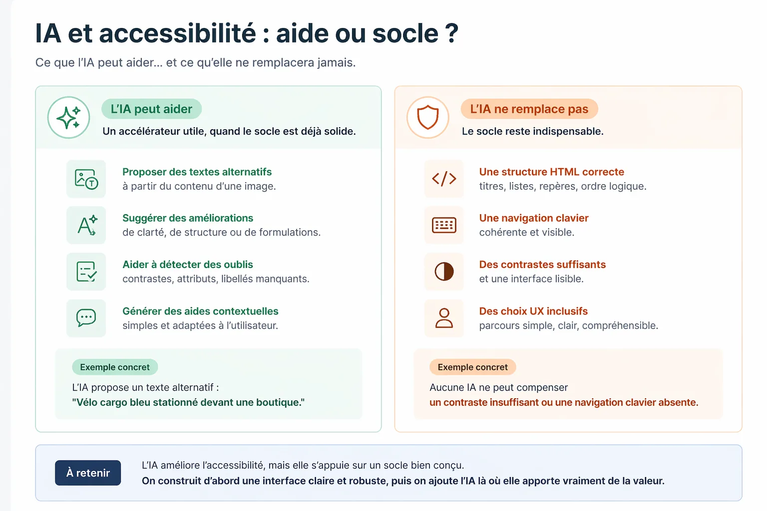 Comparatif clair entre aides utiles de l’IA et bases d’accessibilité qu’elle ne remplace pas