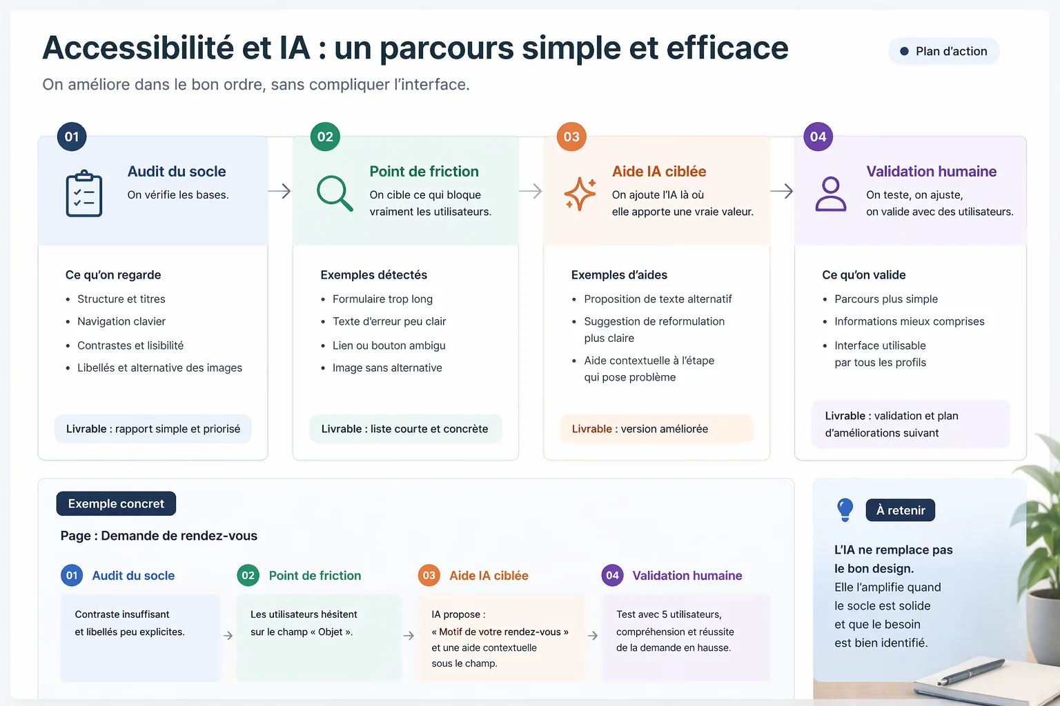 Cadrage simple d’un parcours accessible avec audit du socle, aide IA ciblée et validation humaine