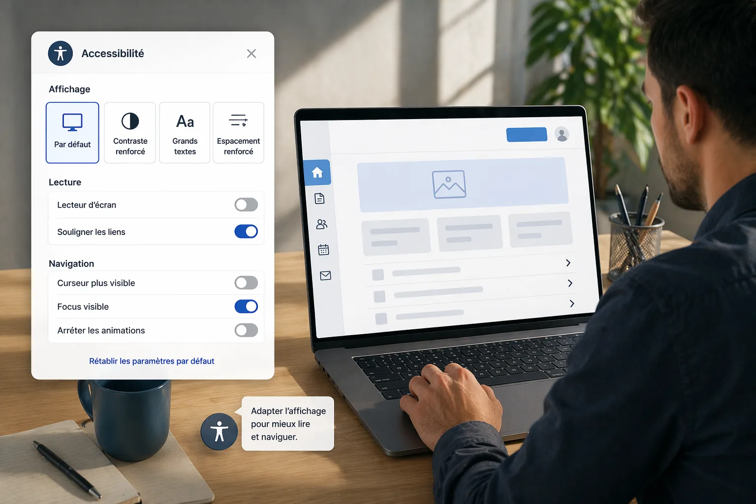 Interface inclusive avec assistance contextuelle discrète pour simplifier un parcours accessible