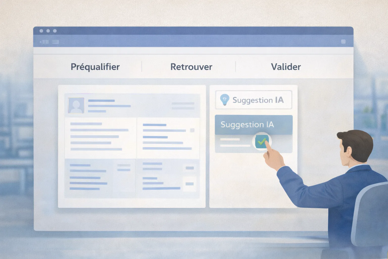Application métier sobre avec suggestion IA discrète et validation humaine