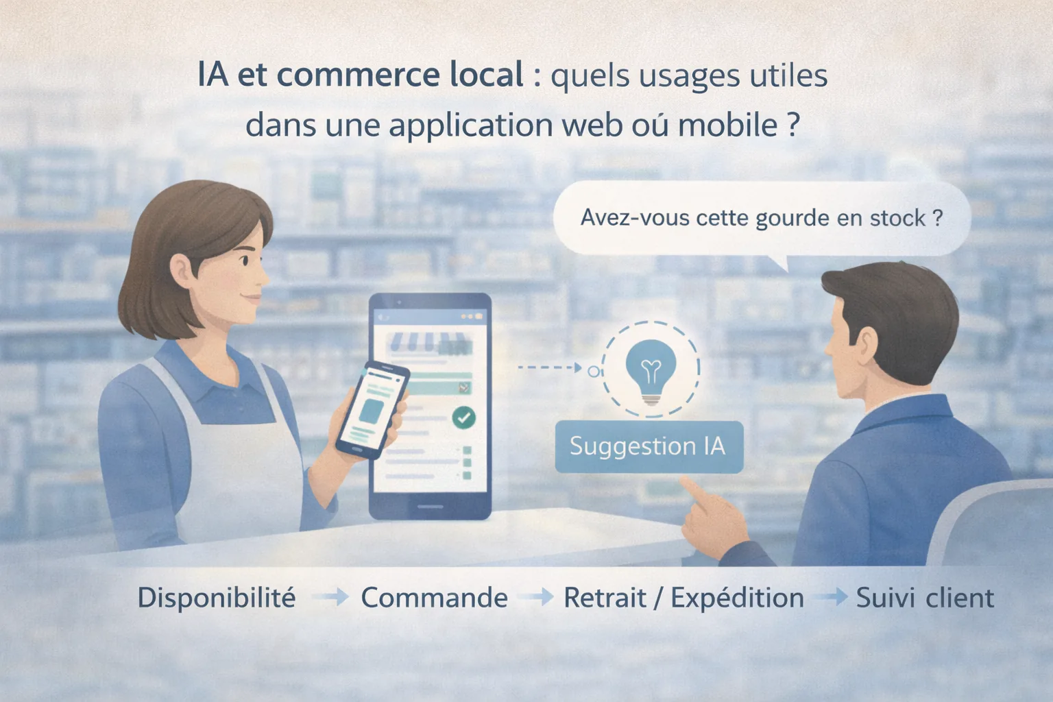 Commerce de proximité avec application web ou mobile et aides IA discrètes pour disponibilité, commande et suivi