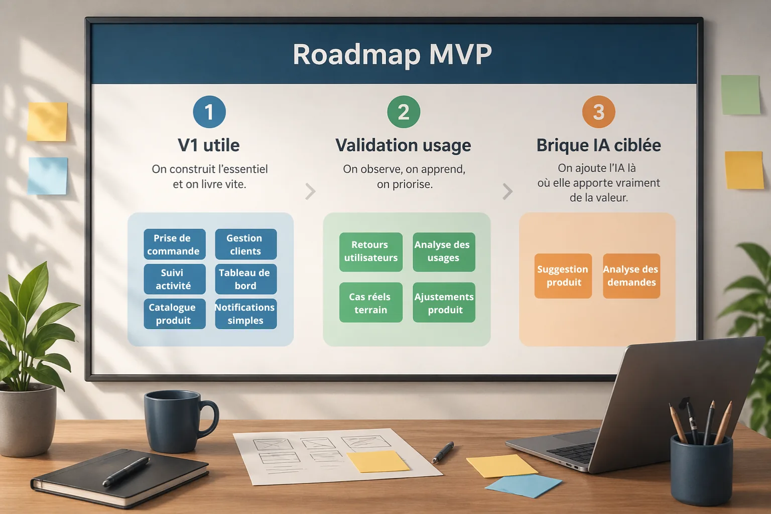 Feuille de route produit en trois étapes pour ajouter une IA après validation du MVP