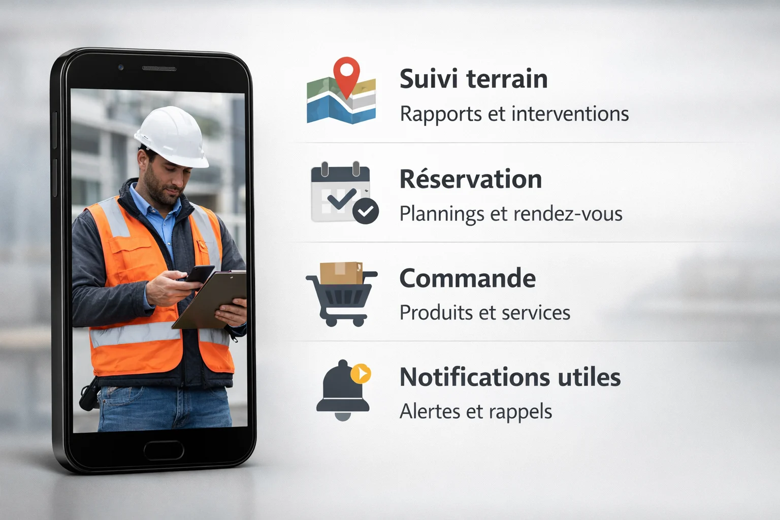 Application mobile utile pour suivi terrain, réservation, commande et notifications
