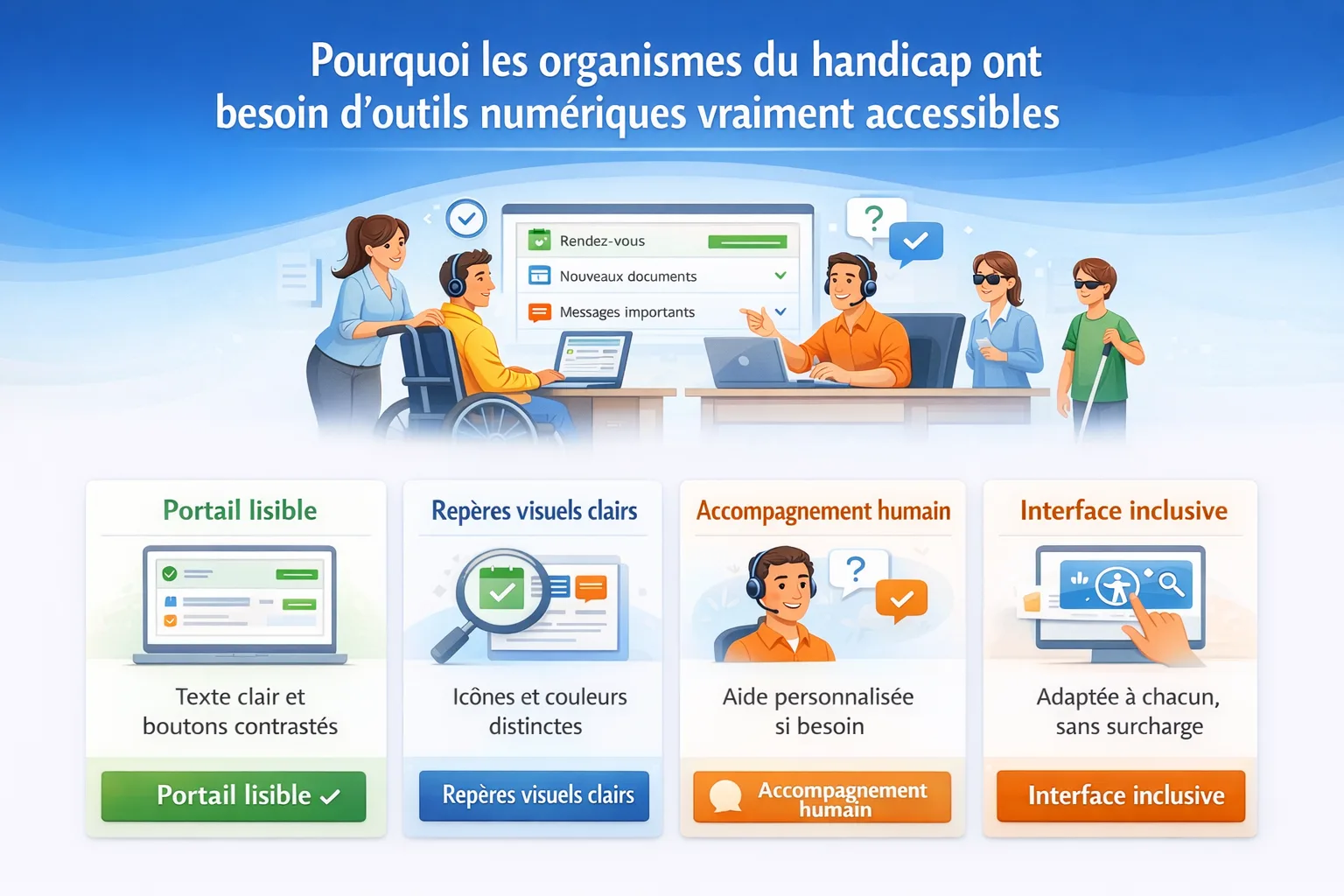 Interface accessible pour organisme du handicap avec parcours lisible et accompagnement humain
