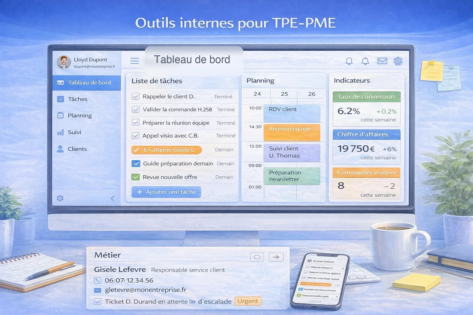 Application métier sobre avec suggestion IA discrète et validation humaine