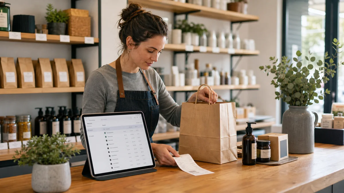 Commerçante préparant une commande avec tablette de suivi et retrait en magasin
