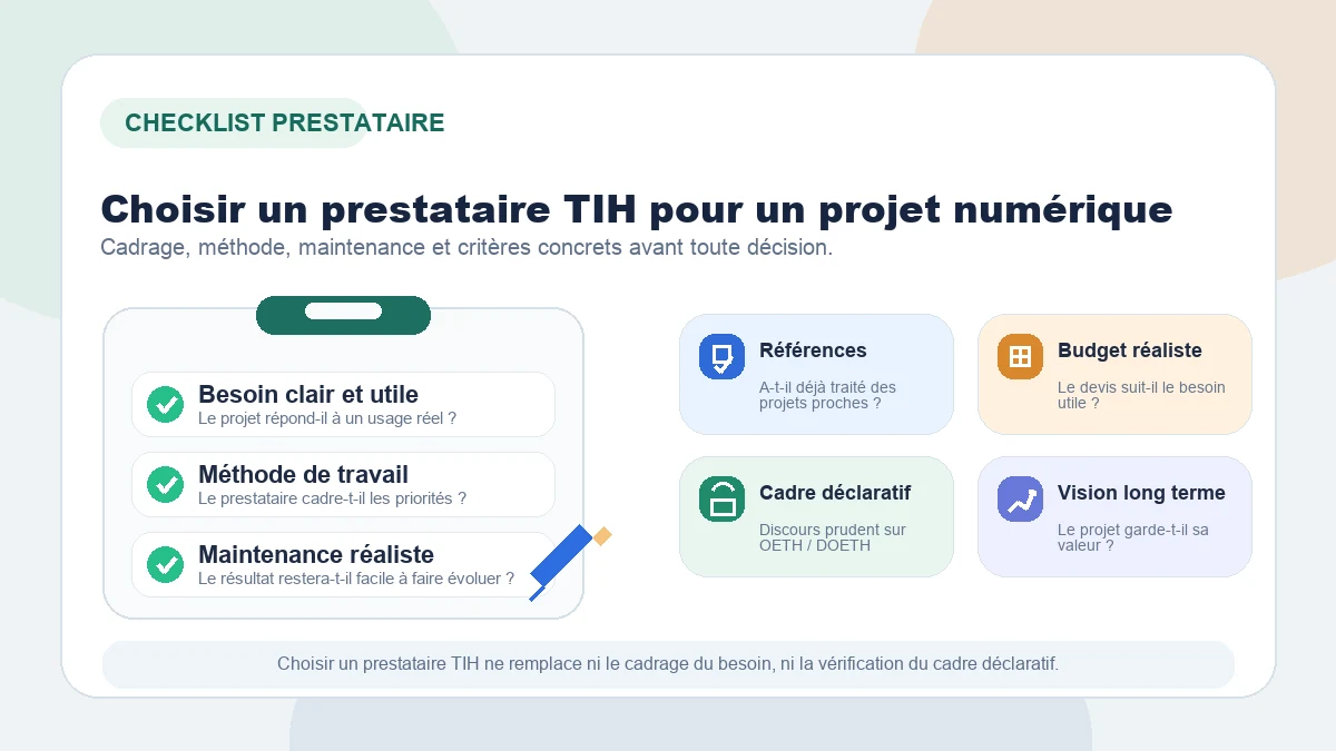 Illustration éditoriale de checklist pour choisir un prestataire TIH sur un projet numérique