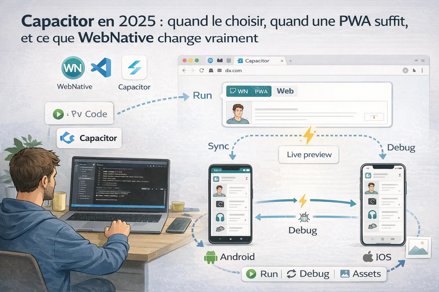 Workflow WebNative avec VS Code, web, Android, iOS, sync, debug et assets pour projet Capacitor