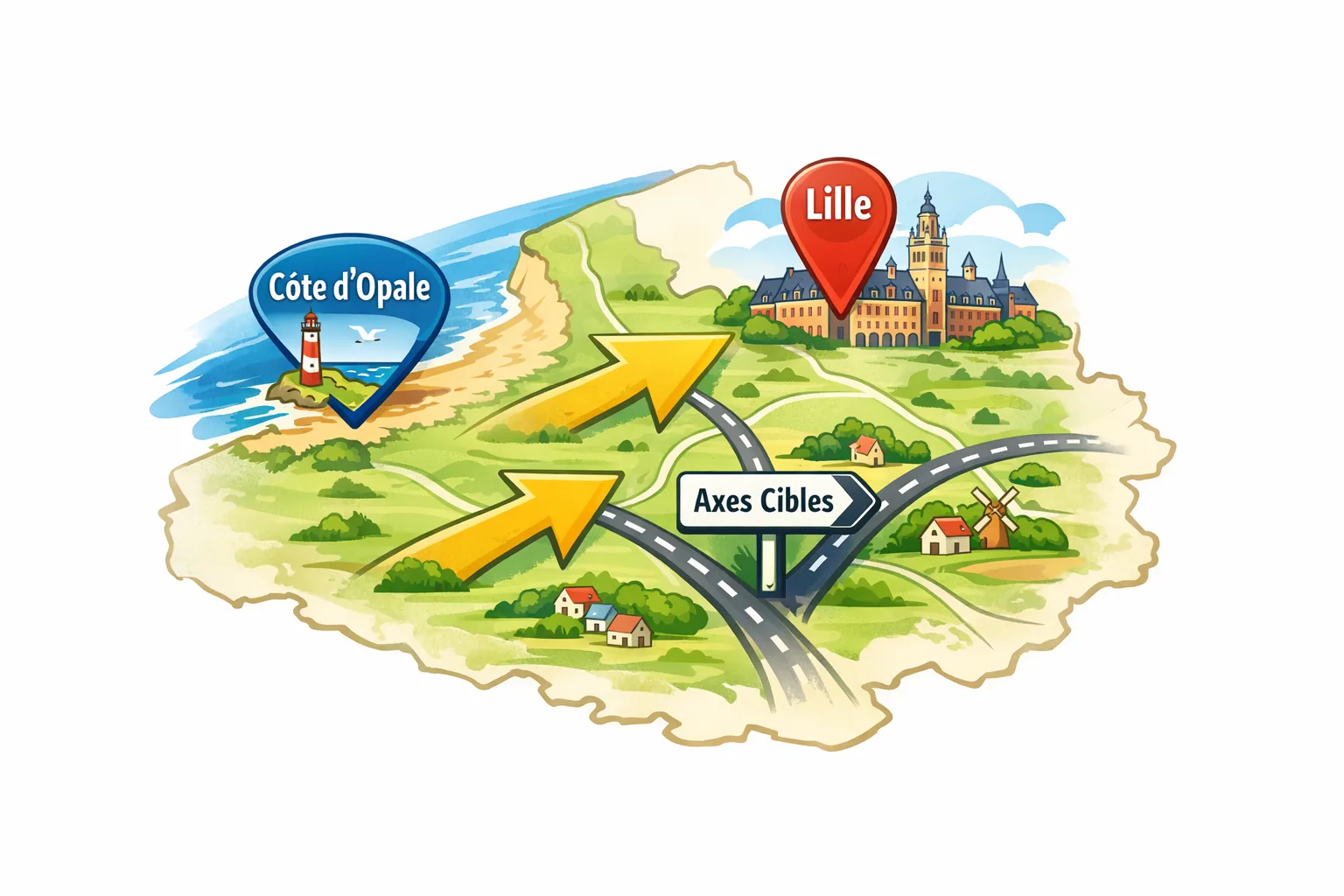 Zones d’intervention Opale Application avec repères Côte d’Opale, Lille et axes ciblés