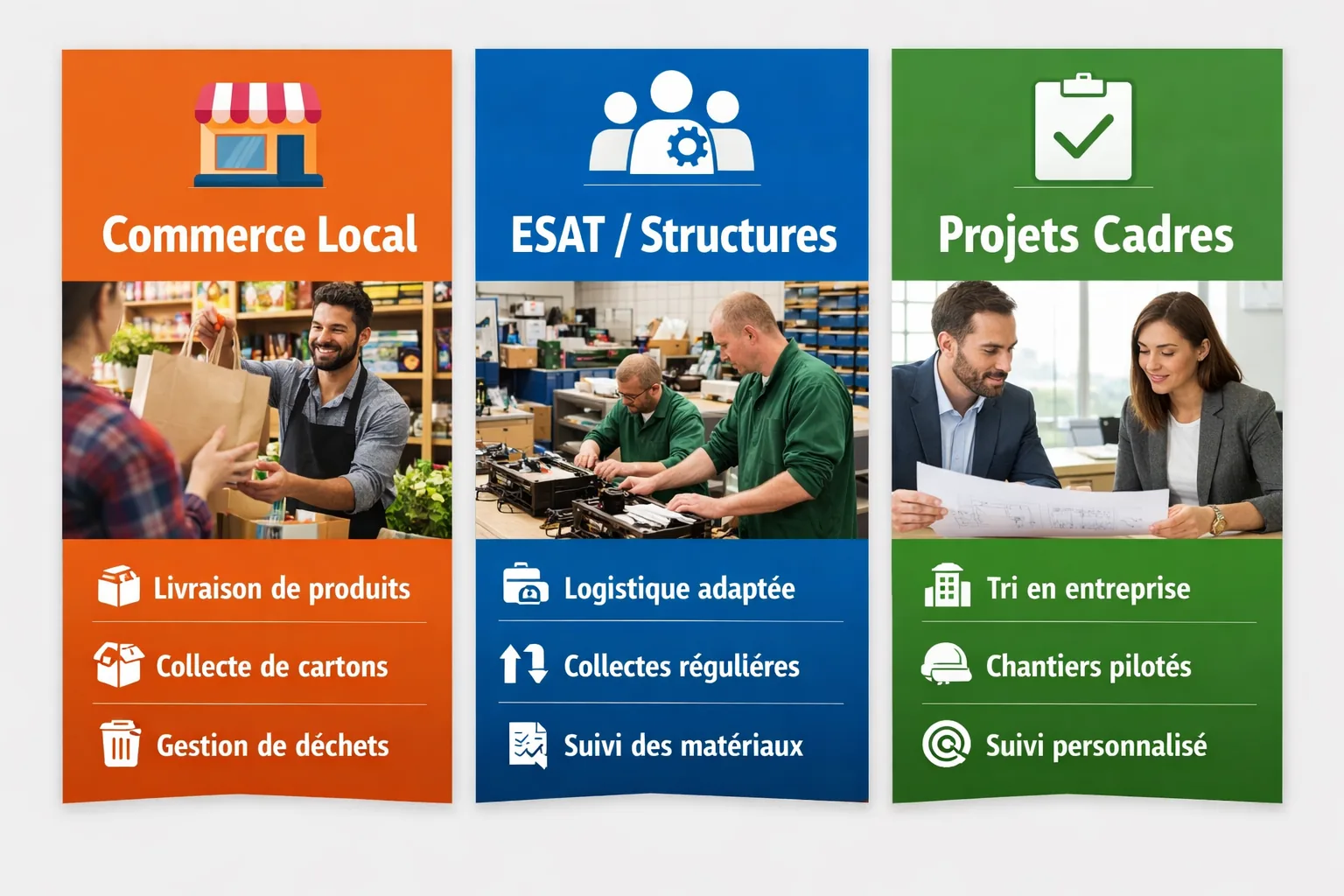 Usages locaux prioritaires avec commerce local, ESAT et structures, et projets cadrés